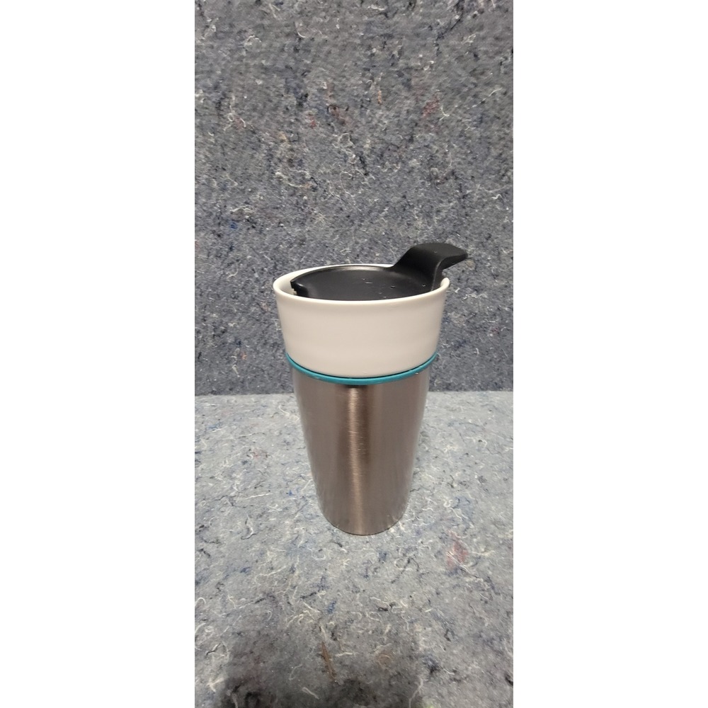 Starbucks 2014 Stainless Steel Ceramic w/Rubber Bottom Teal Ring 12oz Travel Mug